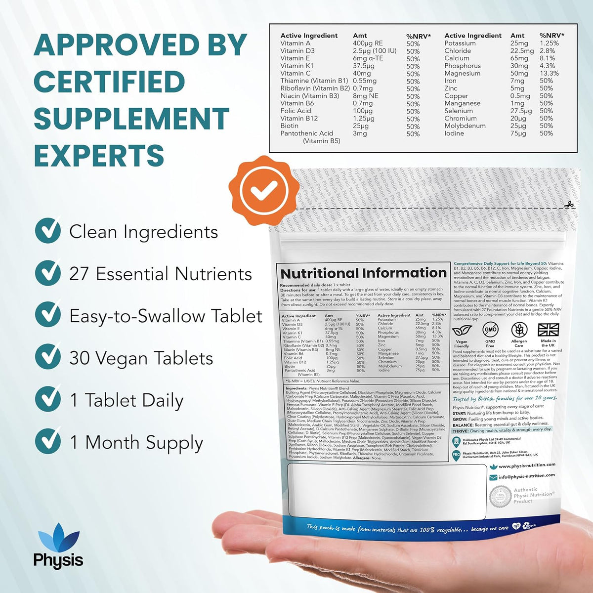 Physis A-Z Multivitamin & Minerals Age-Well 50+ – 30 Vegan Tablets