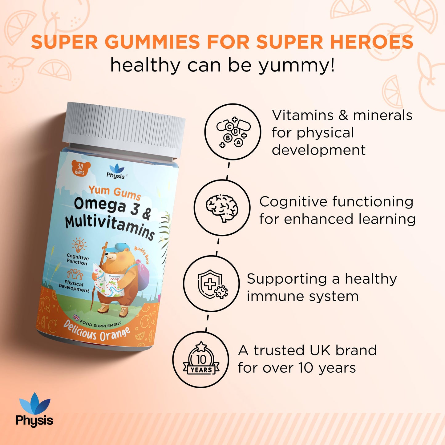 Physis Kids Multivitamin BUDDY BEAR Gummies - 30 Orange Flavour Softies