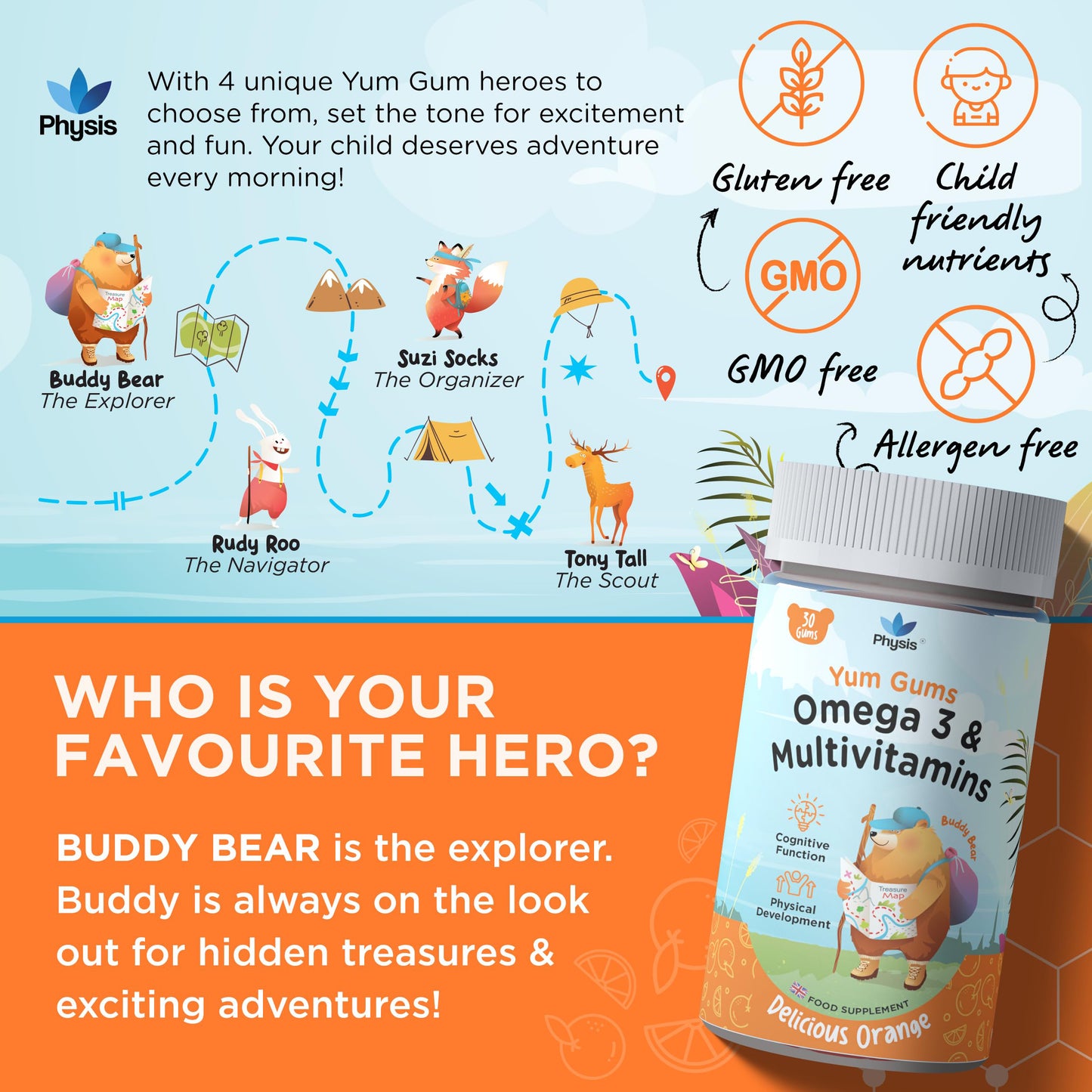 Physis Kids Multivitamin BUDDY BEAR Gummies - 30 Orange Flavour Softies