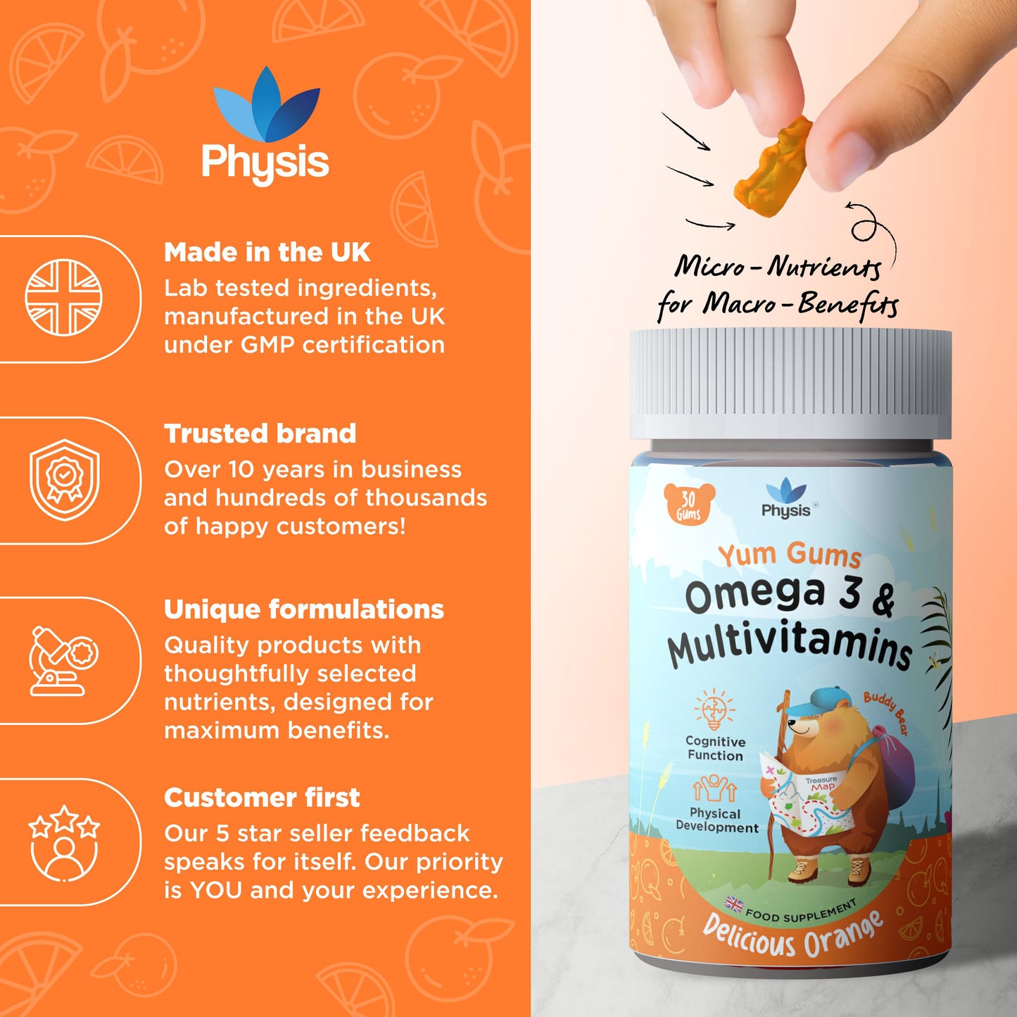 Physis Kids Multivitamin BUDDY BEAR Gummies - 30 Orange Flavour Softies