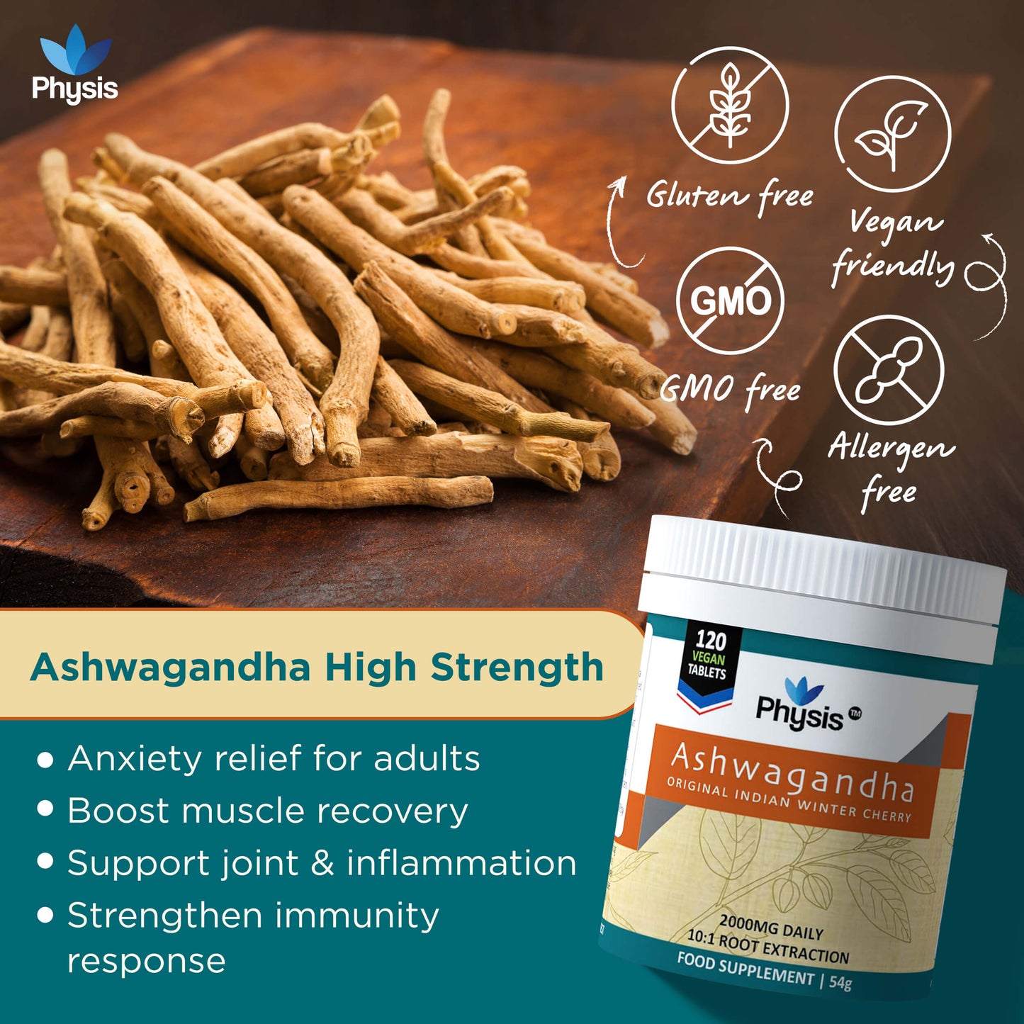 Physis Ashwagandha Tablets - High Strength 2000mg - 120 Tablets