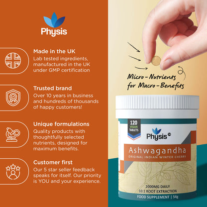 Physis Ashwagandha Tablets - High Strength 2000mg - 120 Tablets
