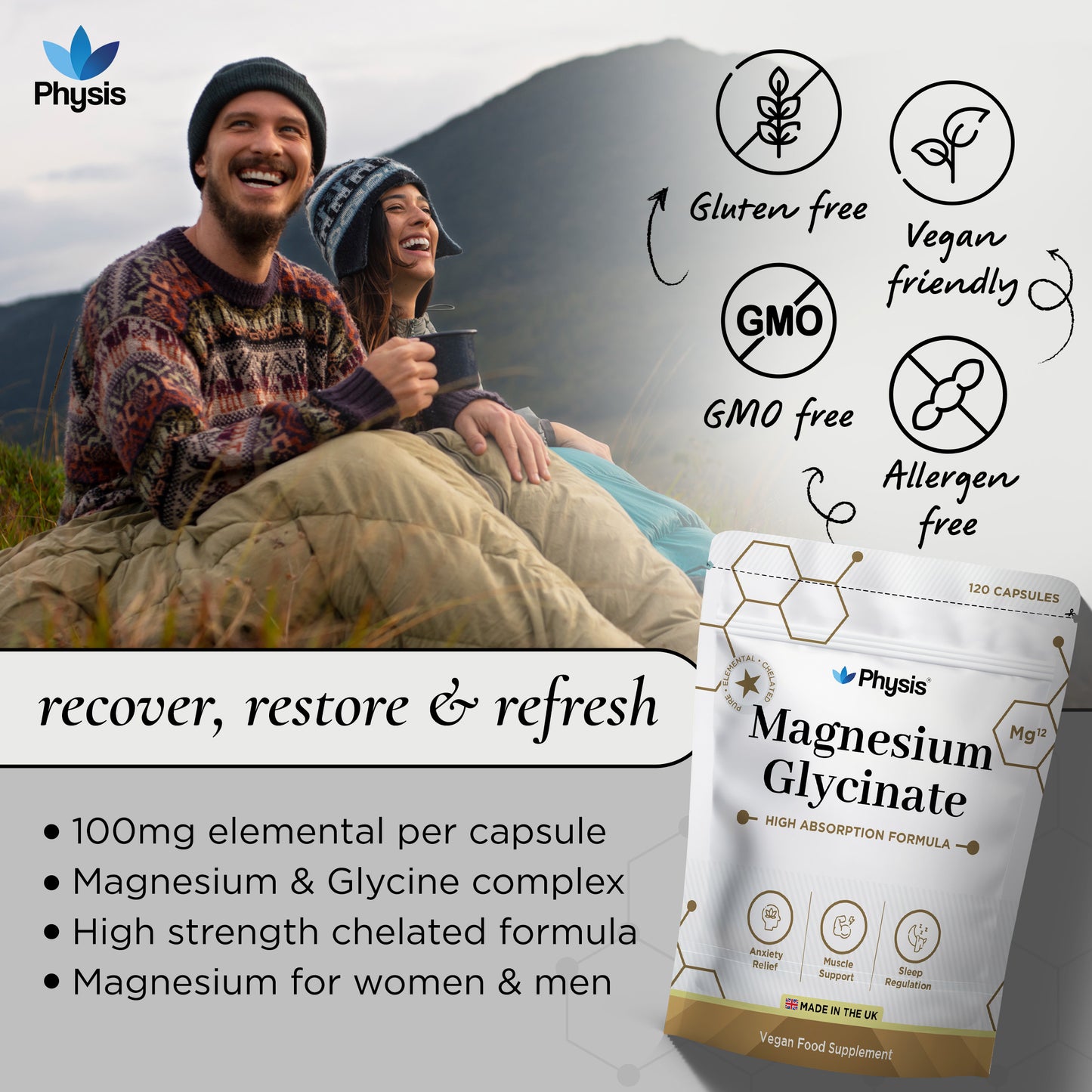 Physis Magnesium Glycinate - Deep Sleep and Anxiety Assist - 120 Capsules