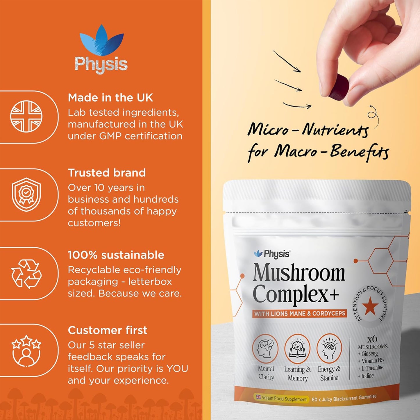Physis Mushroom Gummies Complex - 60 x Juicy Blackcurrant