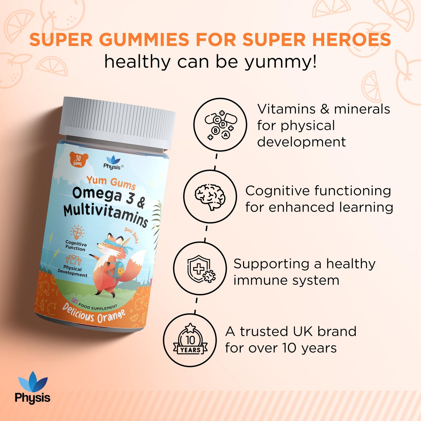 Physis Kids Multivitamin SUZI SOCKS Gummies - 30 Orange Flavour Softies