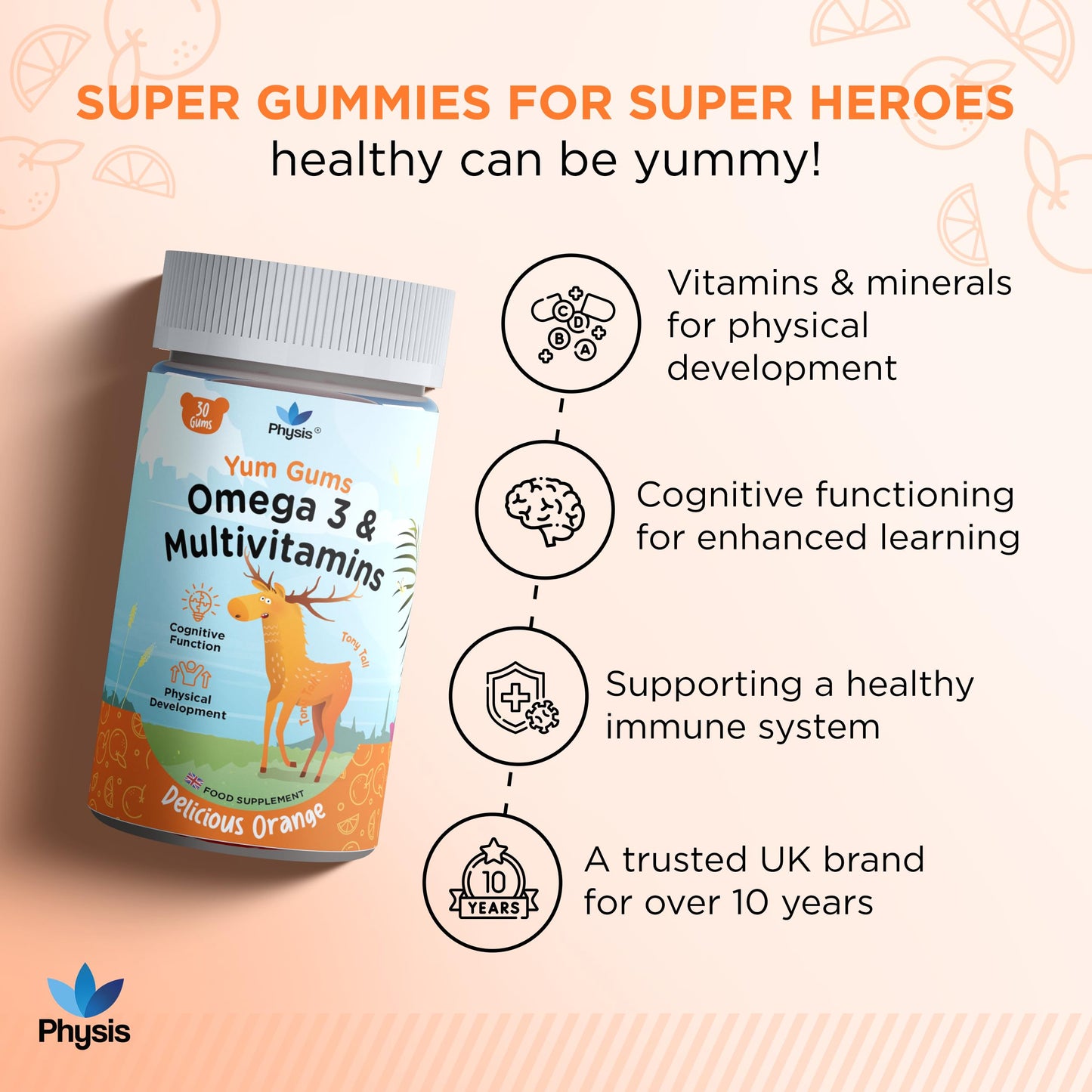 Physis Kids Multivitamin Tony Tall Gummies - 30 Orange Flavour Softies