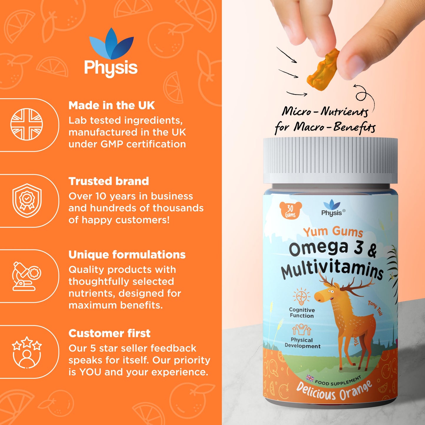 Physis Kids Multivitamin Tony Tall Gummies - 30 Orange Flavour Softies
