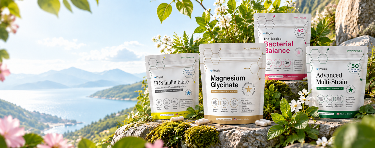 Physis supplement pouches in a botanical setting