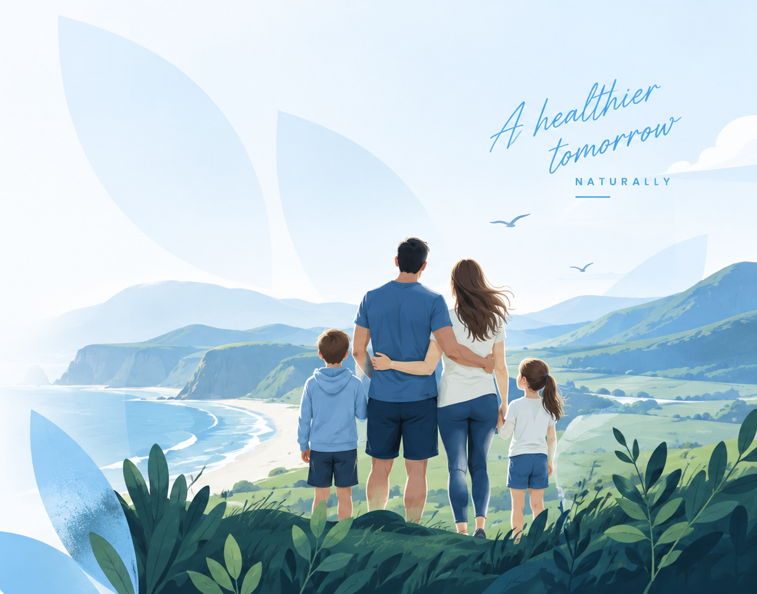 Family overlooking a coastal landscape